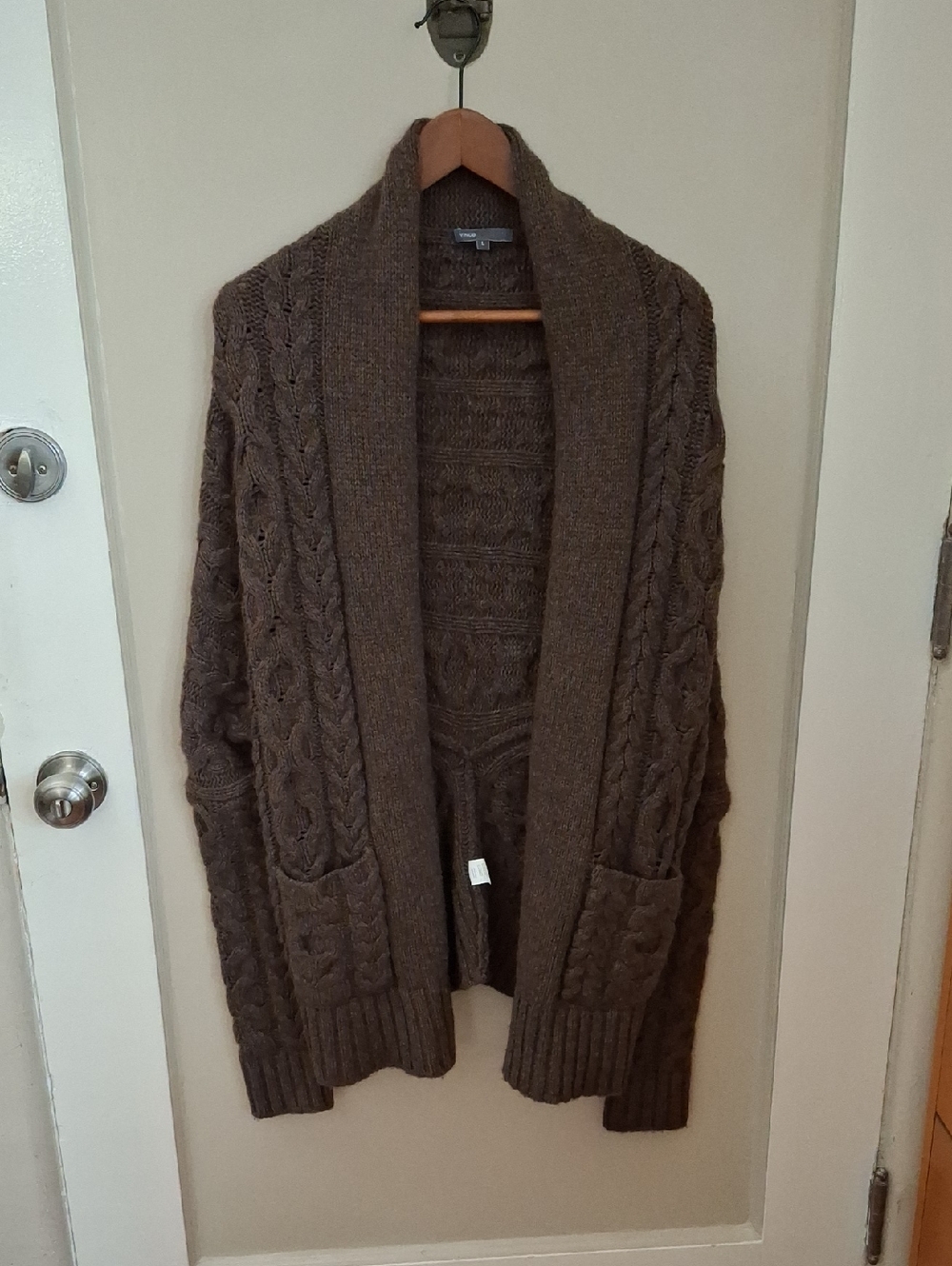 Vince Brown Cable Knit Shawl Collar Open Sweater Cardigan_1
